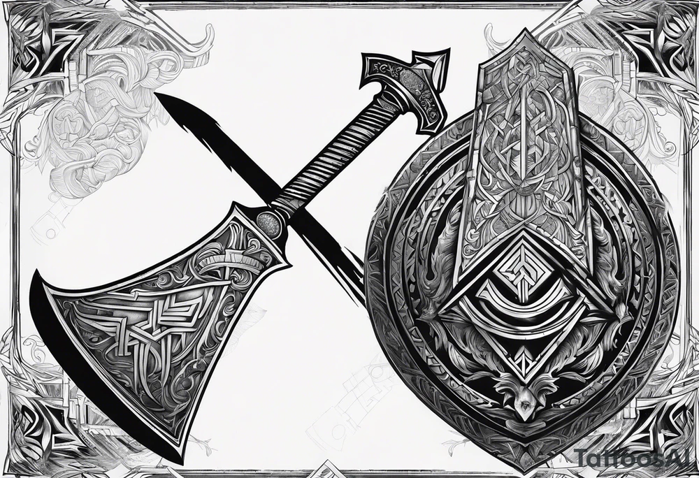 Valhalla  sword shield axe Valknut fog tattoo idea