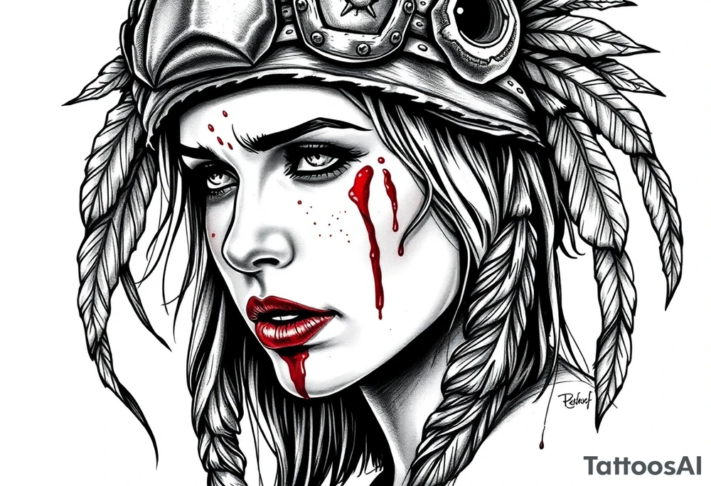 Beautiful Womans shedding a tear, with battle scars and blood on face, wearing dead bear headdress on head tattoo idea