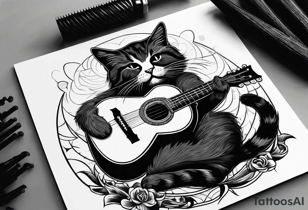 A cat playing acoustic guitar and sitting on a cajon. Dont forget the cajon. tattoo idea