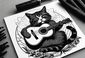 A cat playing acoustic guitar and sitting on a cajon. Dont forget the cajon. tattoo idea