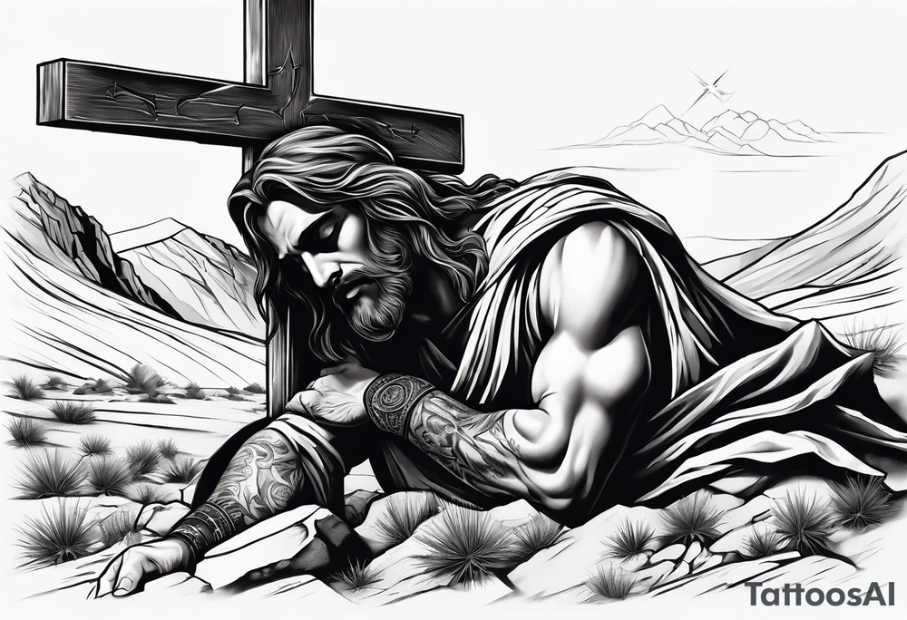 man crawling in a desert reaching to the cross of Christ tattoo idea