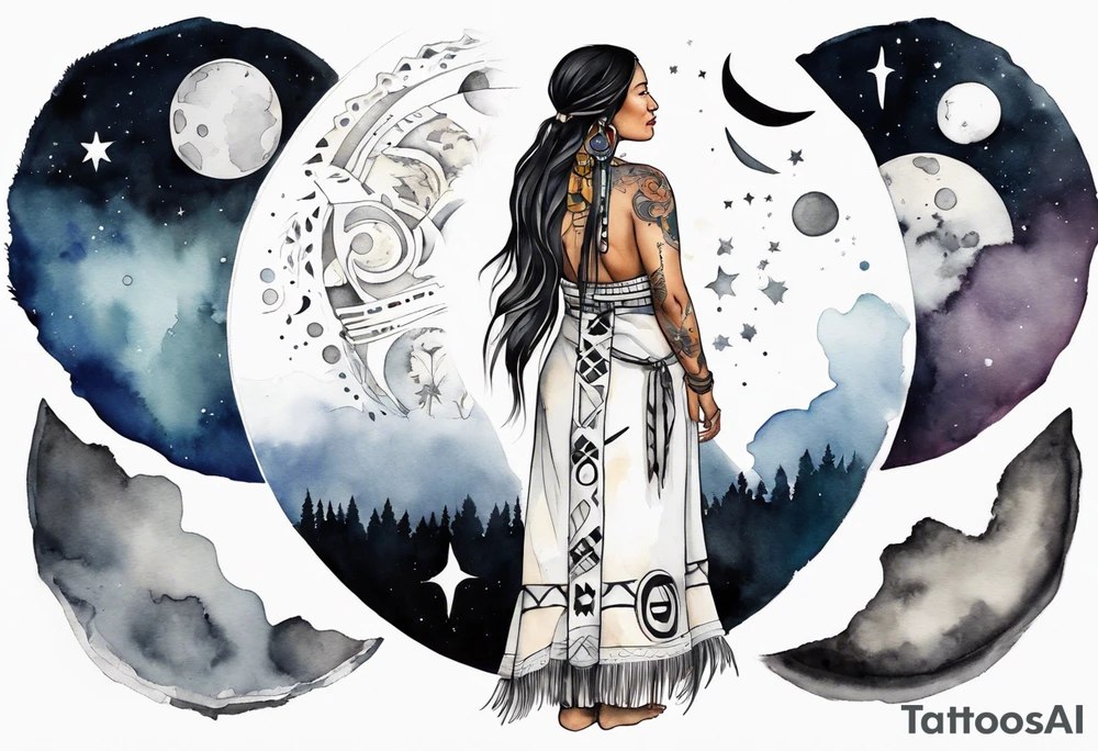 a beautiful 40-year-old Anishinaabe woman wearing black and white robes standing on the moon tattoo idea