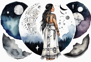 a beautiful 40-year-old Anishinaabe woman wearing black and white robes standing on the moon tattoo idea