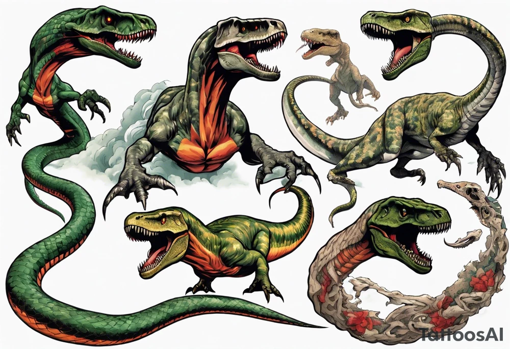 Huge prehistoric snake fighting a T rex tattoo idea