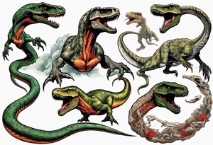 Huge prehistoric snake fighting a T rex tattoo idea