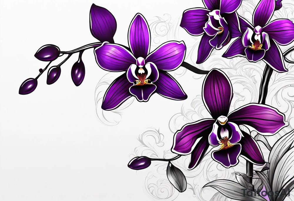 Dark purple orchid with the name Ryan in the stem tattoo idea