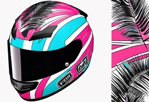 Formula 1 helment with a palm tree and black pink and light blue color tattoo idea