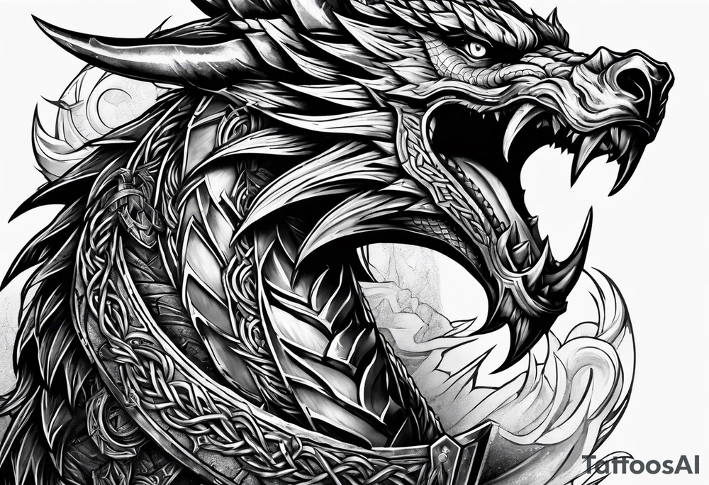 Valhalla sword shield dragon axe Valknut barbed wire chains fire tattoo idea