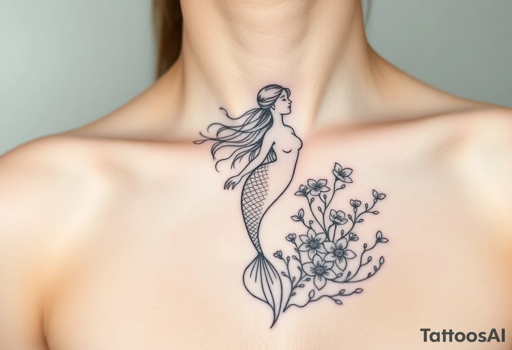 ethereal mermaid with flowing hair among coral and sea flowers tattoo idea