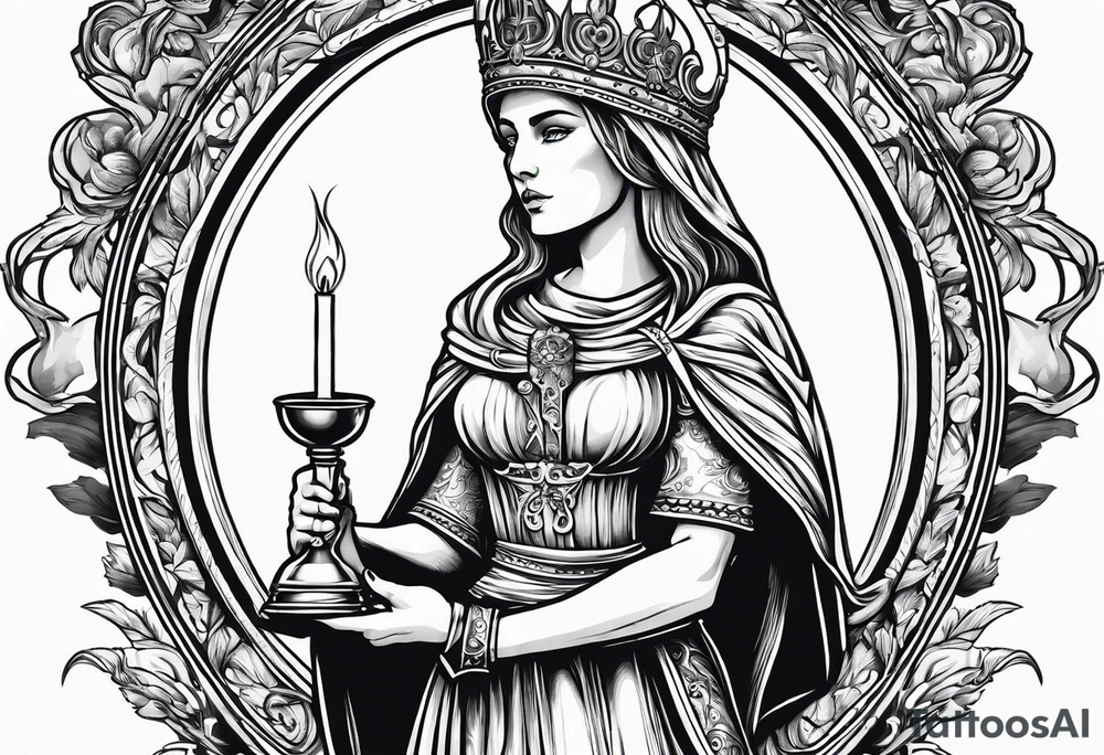Saint Barbara holding a chalice with cannons and lightning tattoo idea