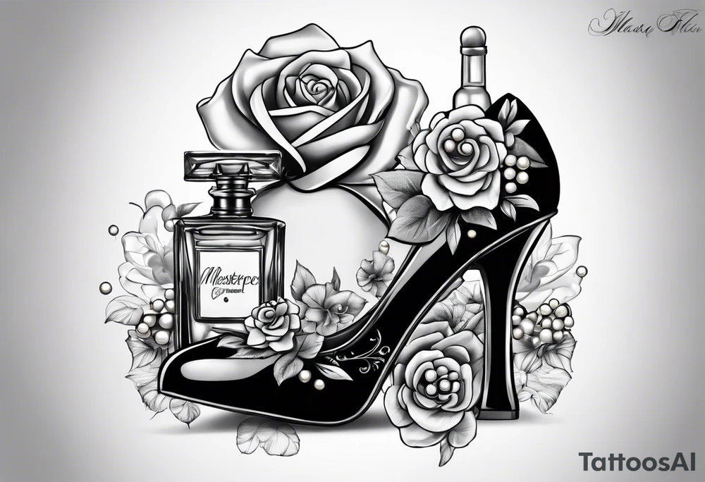 A tribute to 1950s pinup fashion with 1950s perfume bottle and pinup heels wrapped with pearls, hair bows, flowers, and lace. tattoo idea