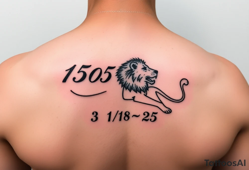 Safarii in cursive with time “15:05” and date “3/18/25” with lion tattoo idea