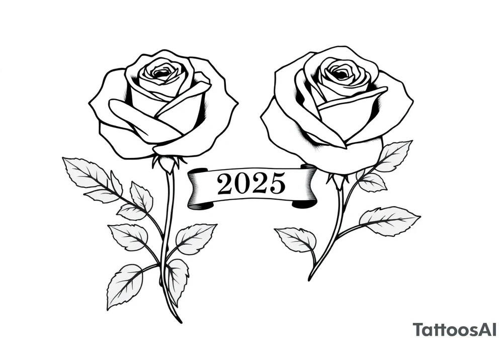 two beautiful large rose buds, one larger than the other, with many leaves next to the rose buds, with one sitting higher than the other. Include a banner connecting the two roses with the year "2025" on it.   Use dark outlines with little shading. The two stems should be short, not long, and connect and join into one stem, whimsically curved or twisted - not straight down. tattoo idea