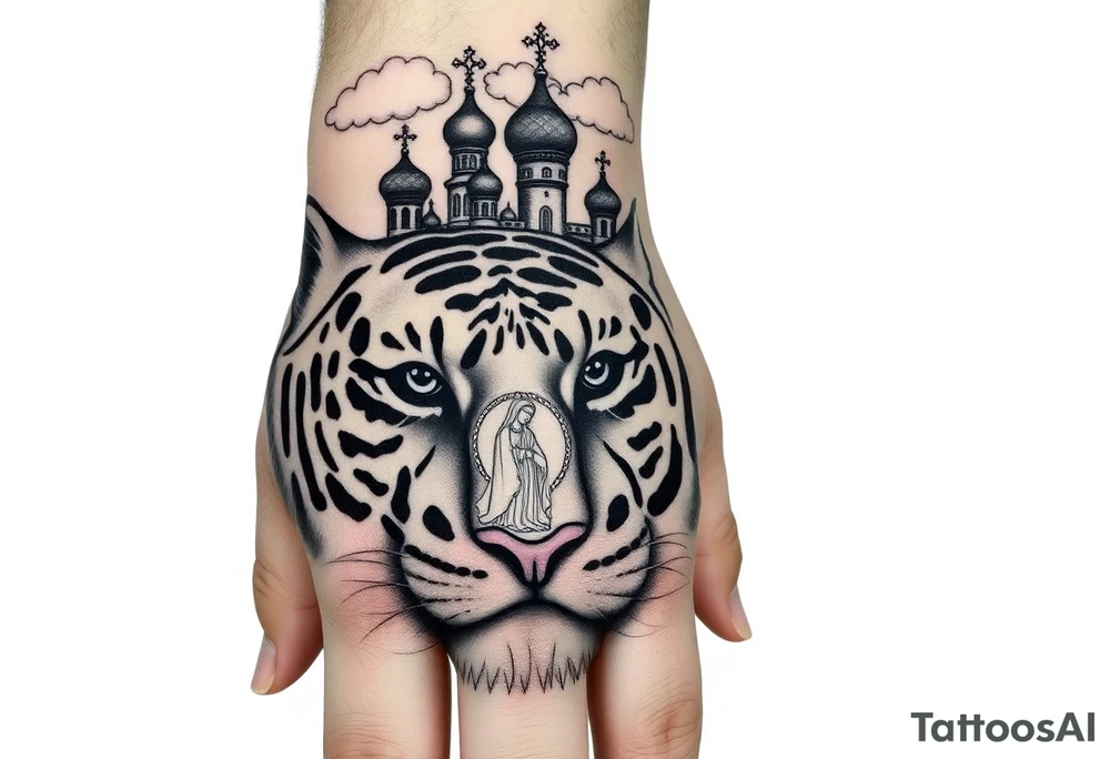 Realistic tiger face on the back of the hand with strong contrast and fine detail with all black eyes. then a highly detailed Russian Orthodox cathedral sitting above on fore arm with onion domes and orthodox crosses, done in fine line, engraving-like style. Cohesive composition, black ink only, no color, high contrast, slightly aged, documentary-style, plain light background. with clouds above and a virgin mary tattoo idea