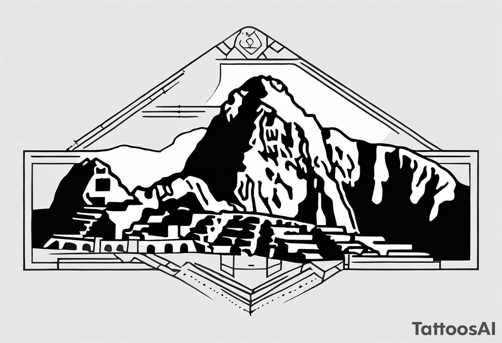 Create a tattoo design in a linear geometric art style depicting images associated with Peru, such as Machu Picchu, llamas or traditional textile patterns. The tattoo should be done in a monochromatic black and white color scheme with clear outlines and minimal details to create an elegant and modern composition. tattoo idea