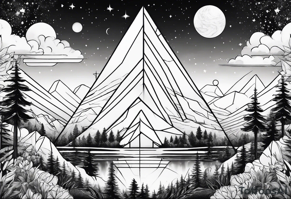 bold line art of space and nature in triangle shape tattoo idea
