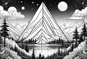 bold line art of space and nature in triangle shape tattoo idea