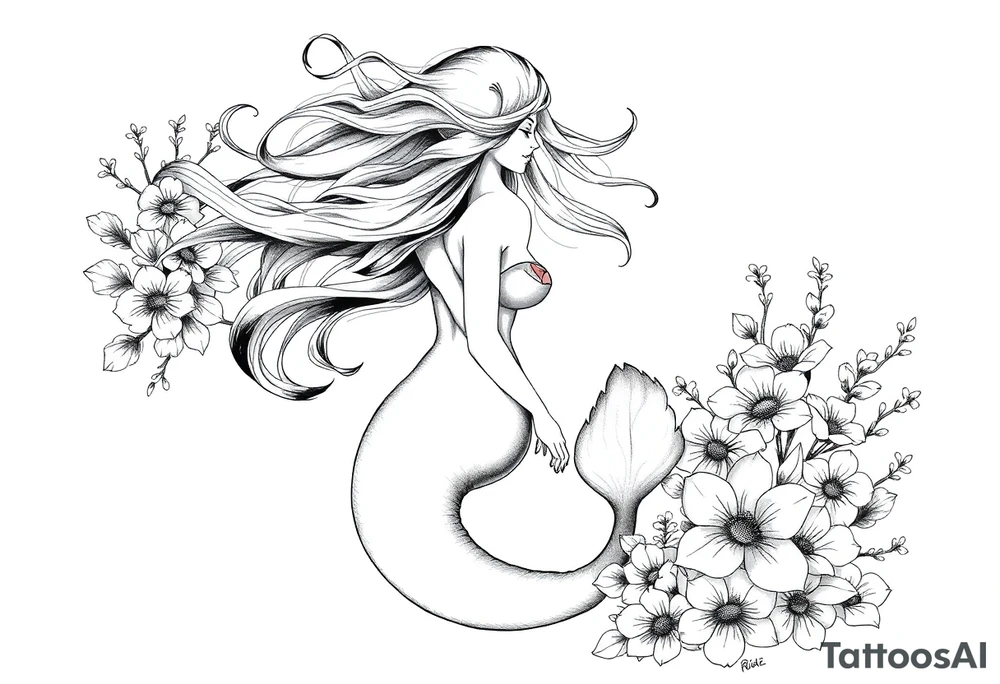 ethereal mermaid with flowing hair among coral and sea flowers tattoo idea