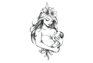 Mère avec fleur de lys au sommet de la tête porte son bébé relié au ciel et à la terre spirituel tattoo idea