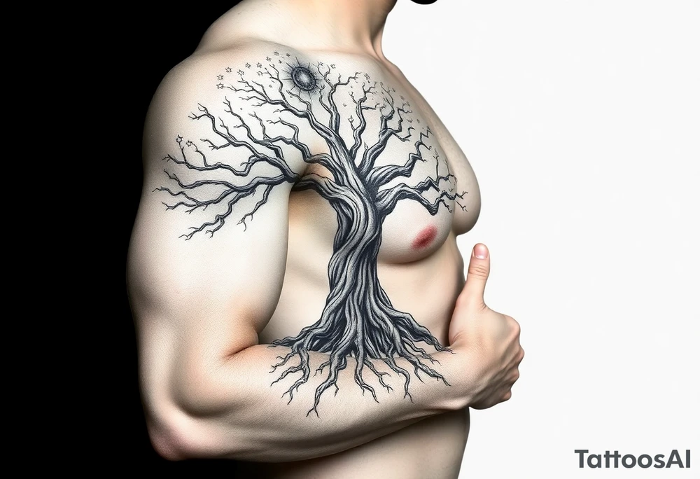 mystical tree of life with cosmic roots and celestial branches tattoo idea