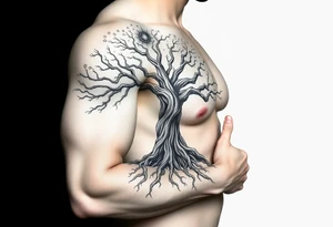 mystical tree of life with cosmic roots and celestial branches tattoo idea