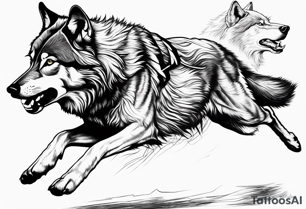 buck running next to wolf tattoo idea