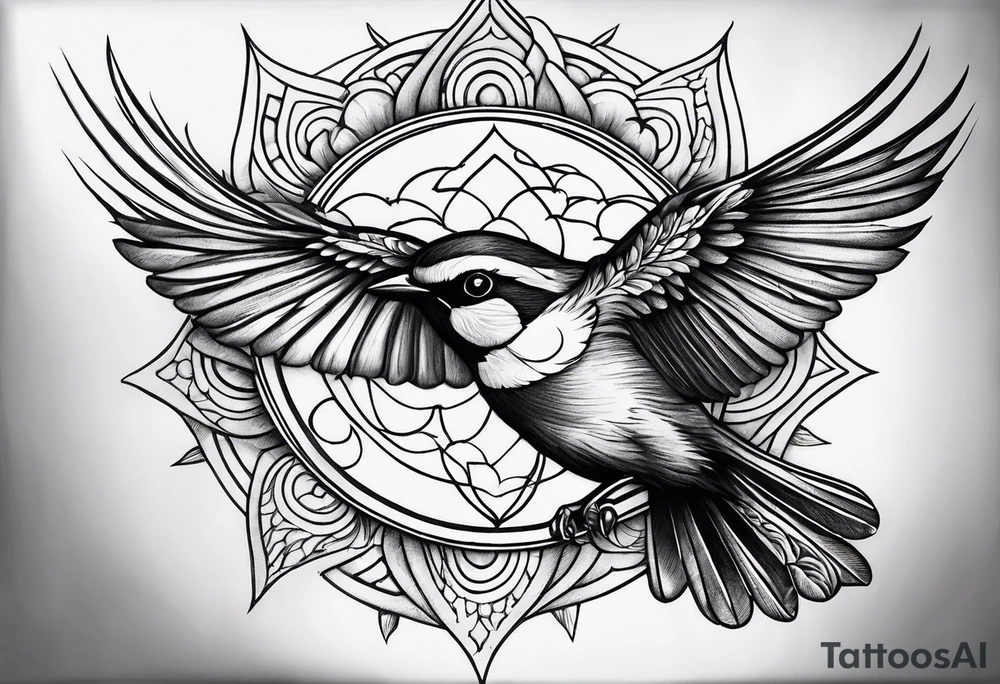 mens neck sleeve sparrow, om symbol, cosmos, iris, daisy, sun rays clouds tattoo idea
