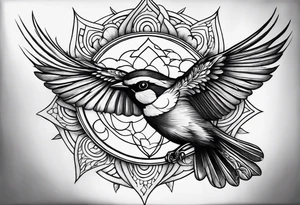 mens neck sleeve sparrow, om symbol, cosmos, iris, daisy, sun rays clouds tattoo idea