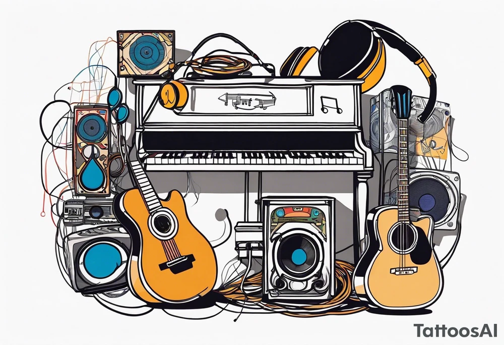 Piano, drums, guitar, speakers, headphones, cassette tapes, woven and interconnected by lines and cables. tattoo idea
