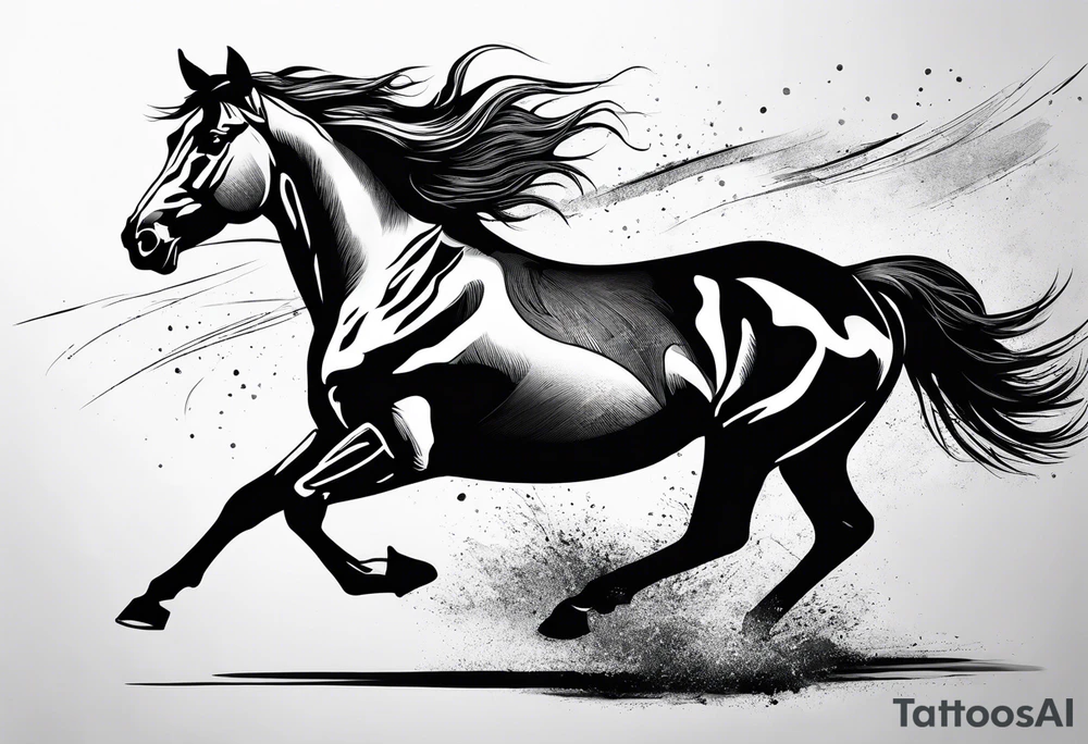 Mustang horse running along blood stomping tattoo idea