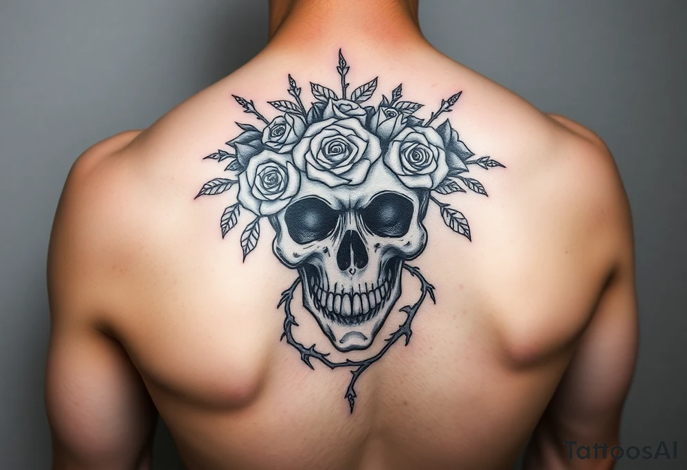 ornate skull adorned with crown of wild roses and thorns tattoo idea