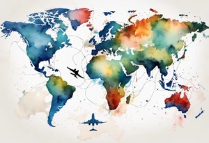World map with tiny jet plane showing intercontinental flight path. Watercolor with spilled watercolor look tattoo idea