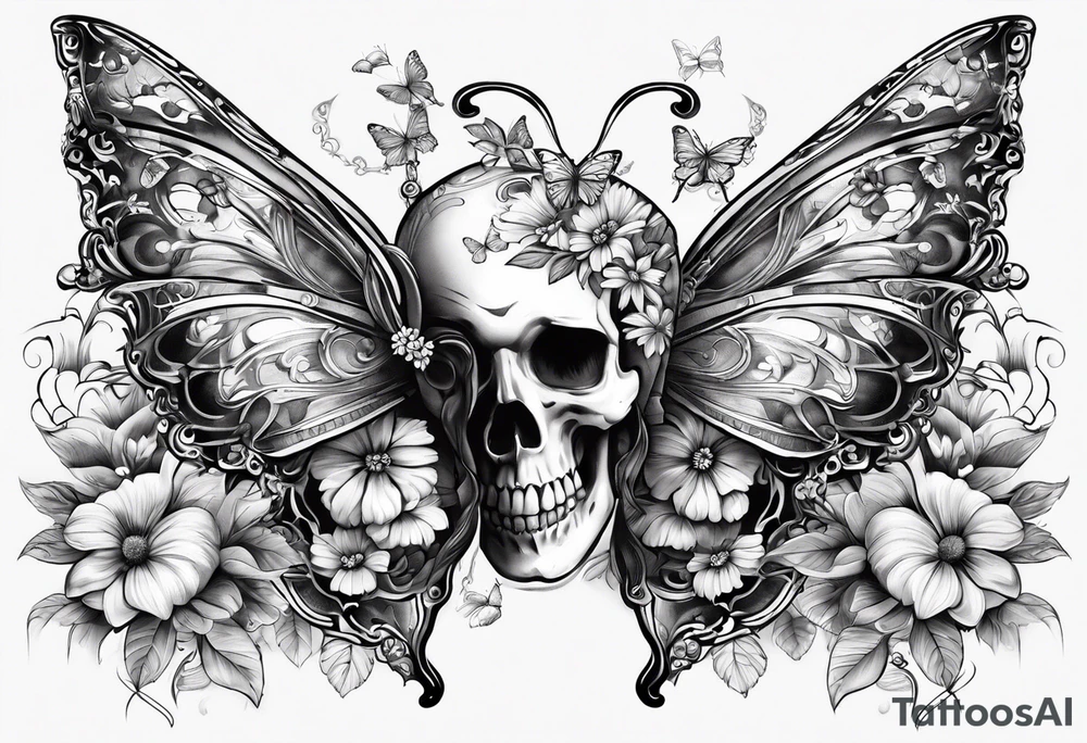Sexy Skelton  sleeve with butterflies and flowers tattoo idea