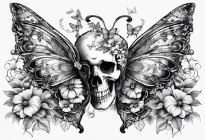Sexy Skelton  sleeve with butterflies and flowers tattoo idea