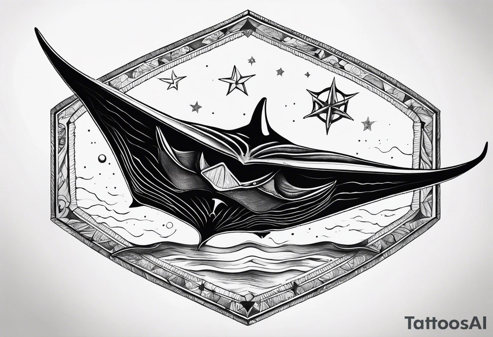 Simple manta ray with a nautical star inside and an octagon around tattoo idea