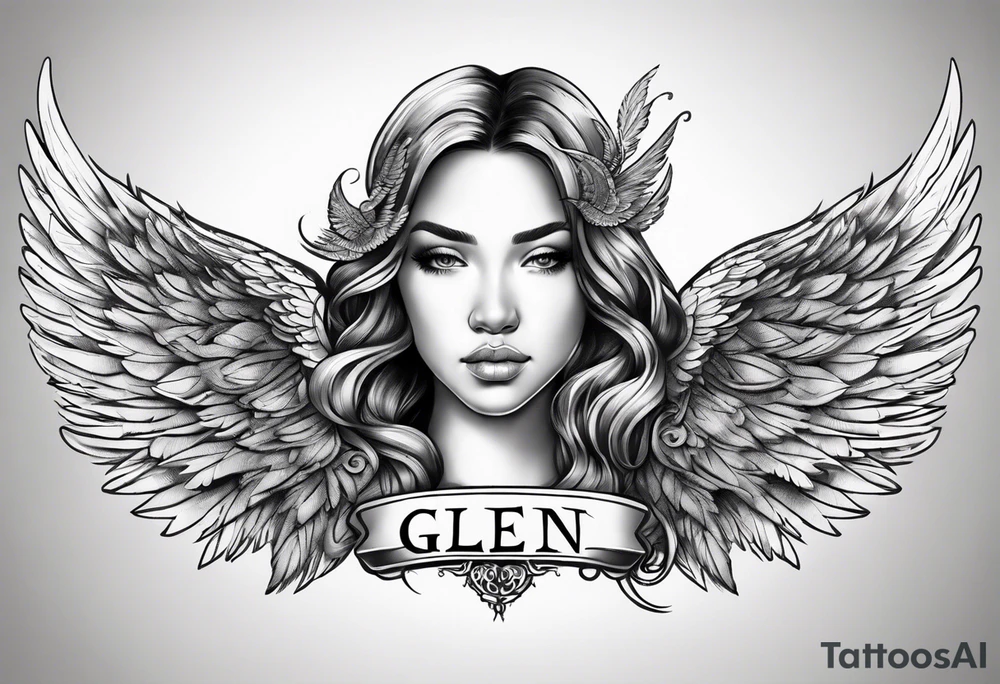 The word Glenn with angel Wings at the side tattoo idea
