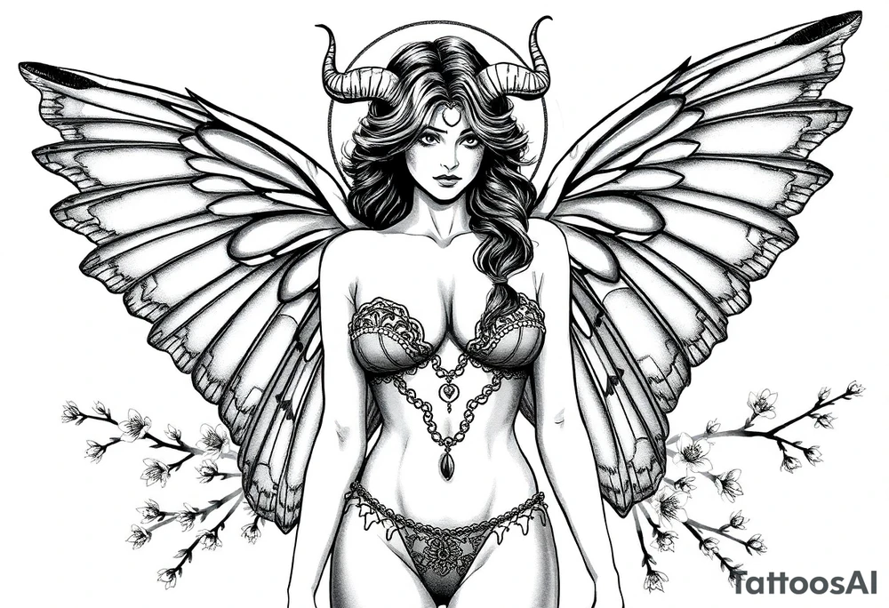 Hottest depiction of a starter the goddess of Love and war nude with see-through exotic lingerie at sunset with cherry blossoms with angel wings resembling a lunar moths also horns resembling antenna face off to one side slightly casting shadow tattoo idea