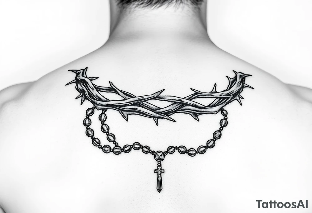 Crown of thorns, pray hope and don’t worry and they will be done, draped in rosary tattoo idea