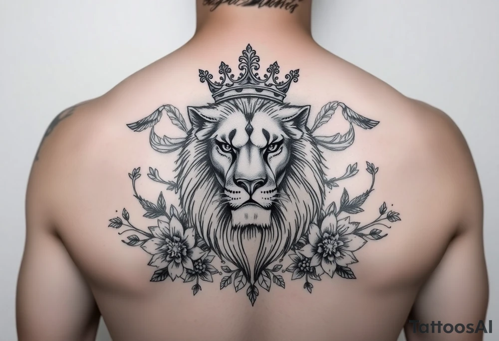 powerful majestic lion with a crown, surrounded by floral ornaments and birds tattoo idea