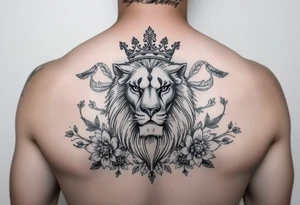 powerful majestic lion with a crown, surrounded by floral ornaments and birds tattoo idea