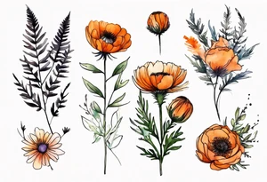 vertical mixed wildflower bouquet with ferns, burnt orange ranunculus, thistle and with watercolor tattoo idea
