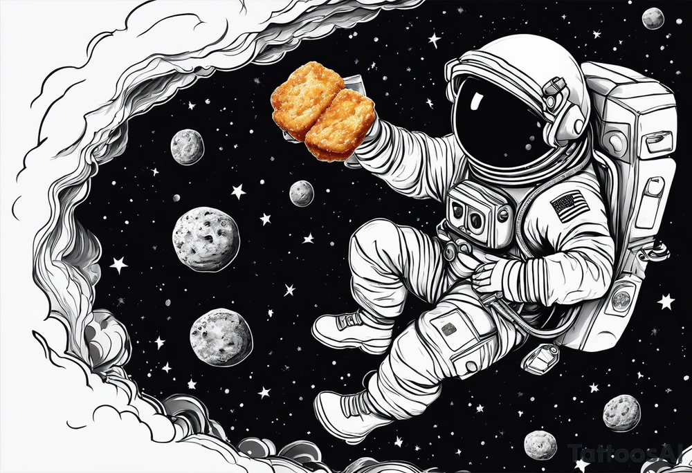 a picture of an astronaut dipping a chicken nugget in sauce while floating in space showing the full body tattoo idea