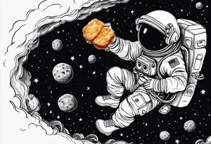 a picture of an astronaut dipping a chicken nugget in sauce while floating in space showing the full body tattoo idea