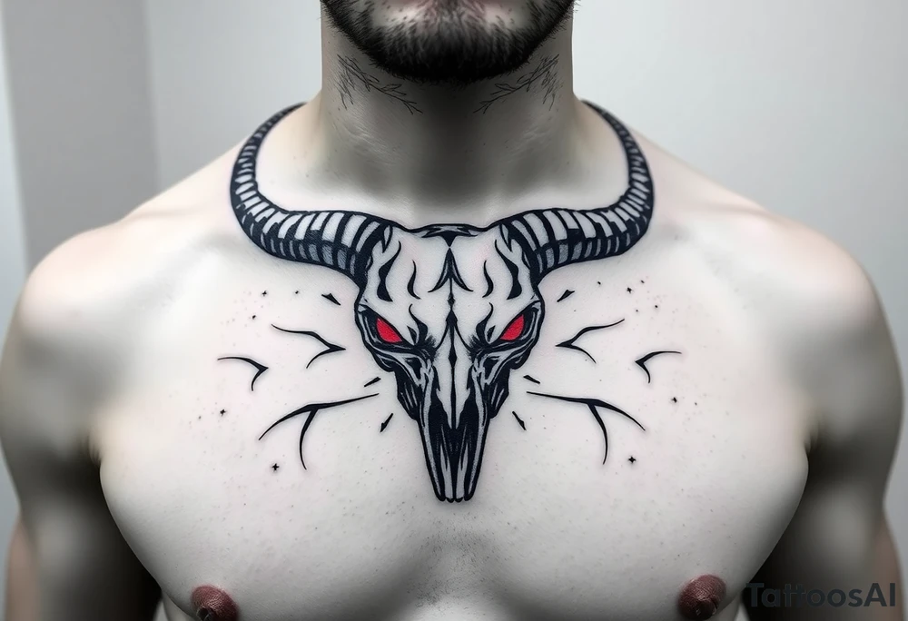 Evil Abstract looking taurus skull chest tattoo with red eyes tattoo idea