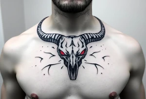 Evil Abstract looking taurus skull chest tattoo with red eyes tattoo idea