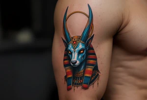 An Anubis with a Halo - Blending Egyptian mythology with Christian spirituality (only red , blue and black are possible colors) tattoo idea