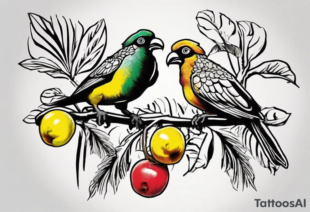 Certainly! Picture a vibrant Doctor Bird perched on a branch of ackee fruits, surrounded by lush tropical foliage. Below, the roots of a tree could form the shape of Jamaica's outline, with the initials of family members delicately incorporated into the branches or the trunk. This combination can create a visually striking and meaningful tattoo. tattoo idea