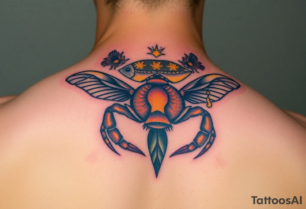 Honey comb bees, fish, crab tattoo idea