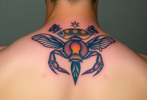 Honey comb bees, fish, crab tattoo idea