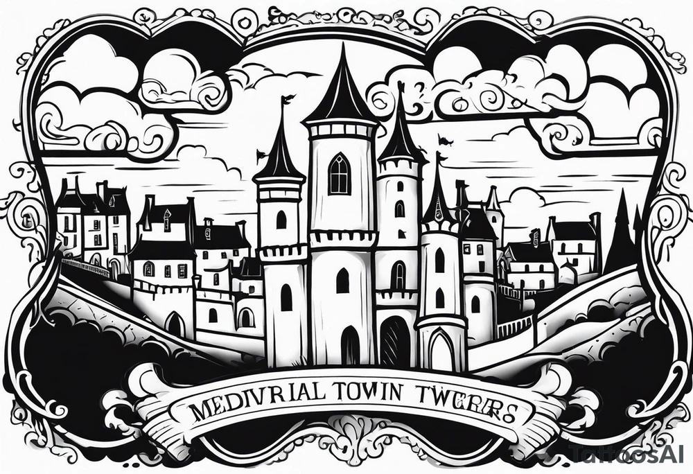 medieval town houses open gate towers garden circle vignette surrounded by clouds tattoo idea